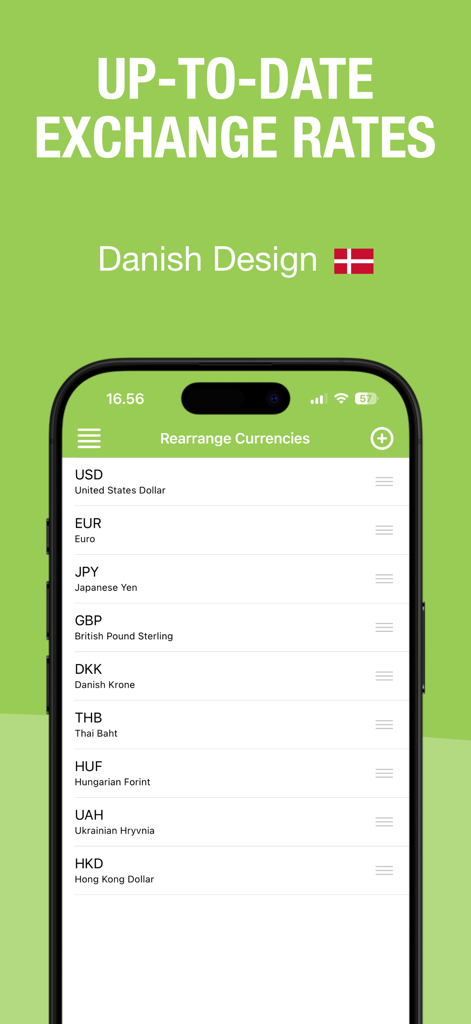 Currency Converter • Valuta+ - Valuta plus app currency list with minimalist danish design
