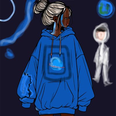 realistic girl with a oversized sweatshirt on and a bun