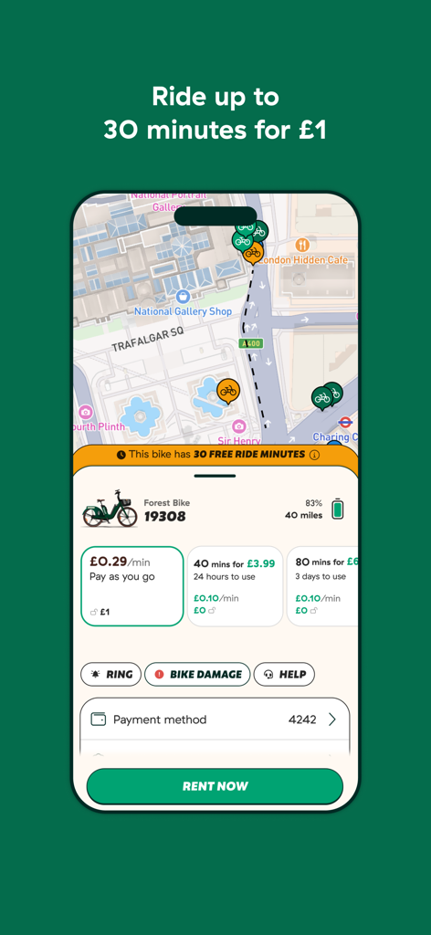 Forest - eBike Sharing - Forest eBike sharing app showing bike availability on a London map and rental pricing