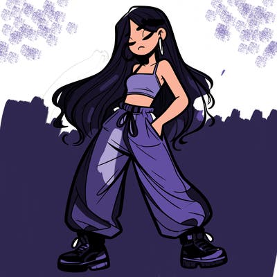 girl in baggy pants crop top and long hair