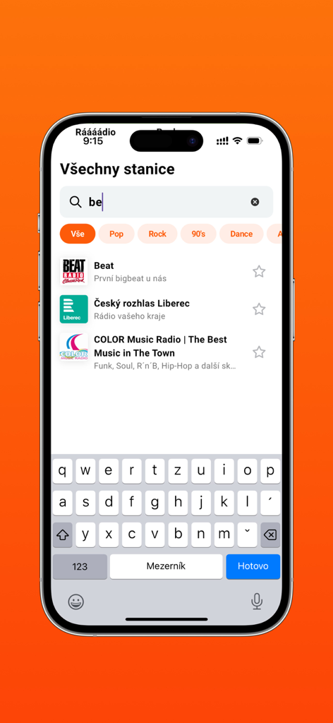 A screenshot of the PLAY.CZ radio app search screen showing station results and genre filters.