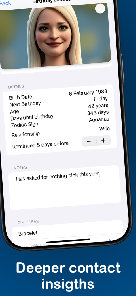 Birthday Reminder Pro - Birthday Details screen displaying contact information, zodiac sign, relationship, and gift ideas.