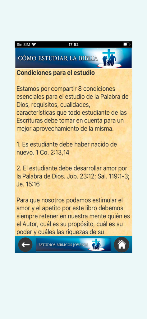 Interfaz de la aplicacion Estudios Biblicos Jovenes que muestra consejos y condiciones sobre como estudiar la Biblia.