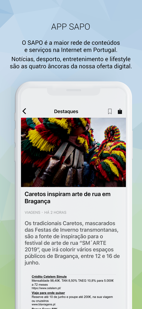 The SAPO app interface showing a news article about local Portuguese traditions and street art in Braganca