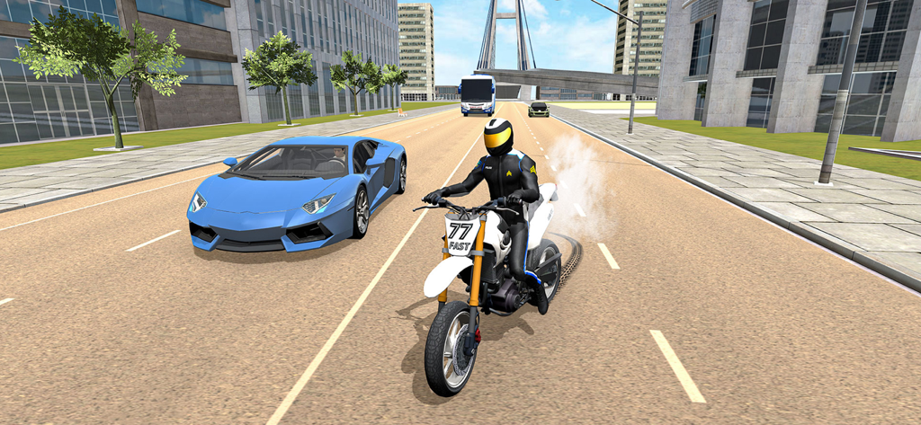 Police Bike City Simulator - Police officer on a white motorbike performing a burnout on a city street with a blue sports car in the background