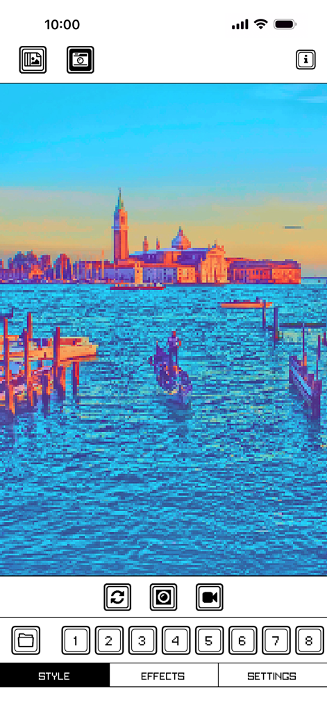 Una vista pixelada de Venecia con una góndola en primer plano desde la aplicación Pixel Art Camera.
