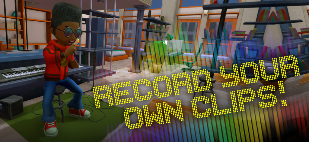 Un personaje 3D cantando en un estudio casero con el texto superpuesto Graba Tus Propios Clips