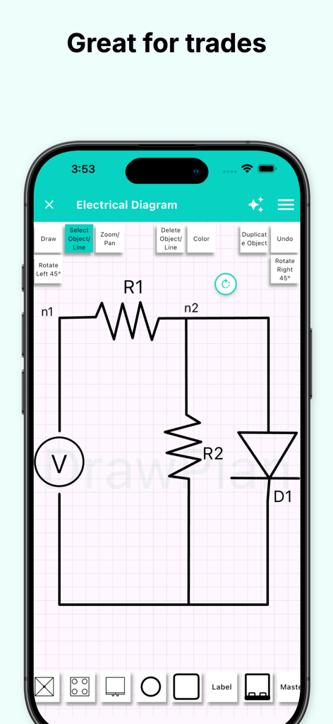 DrawPlan - 建設業者のプロ向けに、抵抗器と電圧計を備えた電気回路図を示すモバイルアプリのインターフェース。