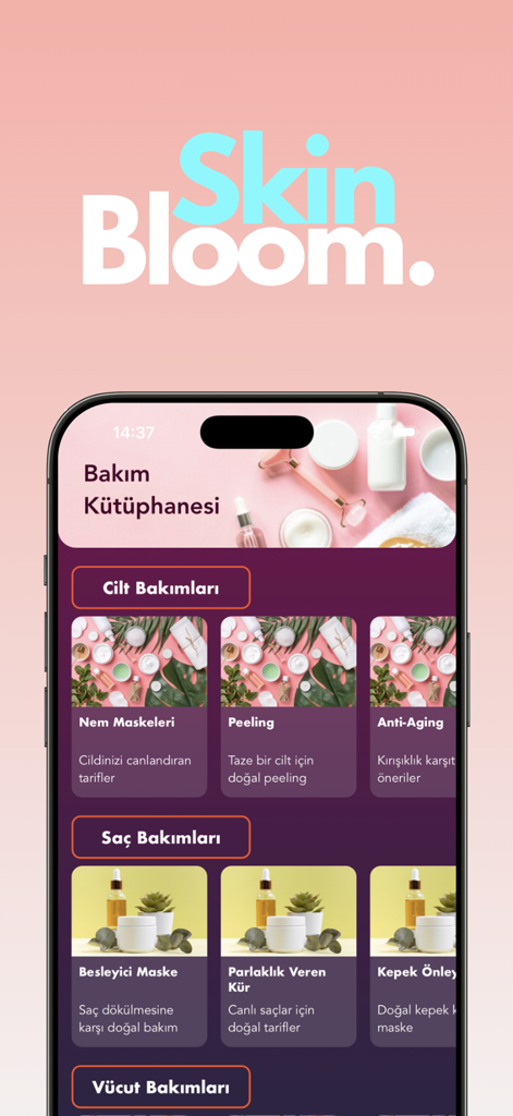 SkinBloom - Yüz Yogası - Captura de pantalla de la aplicación SkinBloom que muestra la biblioteca de cuidado con categorías para rutinas de cuidado de la piel, cabello y cuerpo