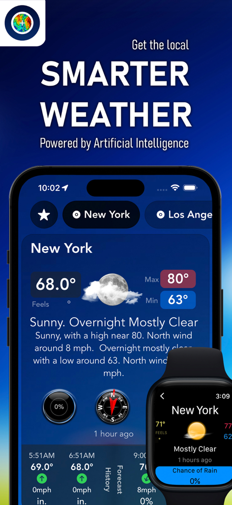 AIM Weather - AIM Weather app interface displayed on an iPhone and Apple Watch showing local New York weather data