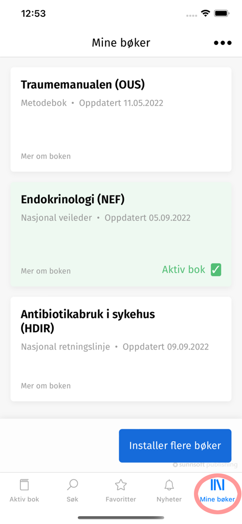 Metodebok - Mobile app interface showing a list of downloaded medical manuals and clinical guidelines