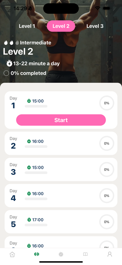 Teen Height Increase Program app interface showing a 30-day intermediate workout schedule with daily routines