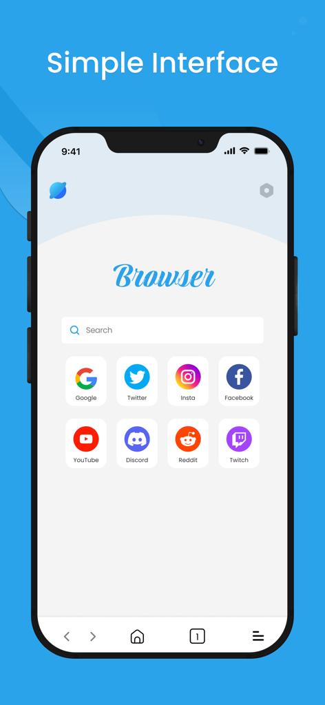 Internet Browser :Private,Safe - A mobile screenshot showing a clean browser interface with a search bar and shortcut icons for popular websites like Google, YouTube, and Reddit.