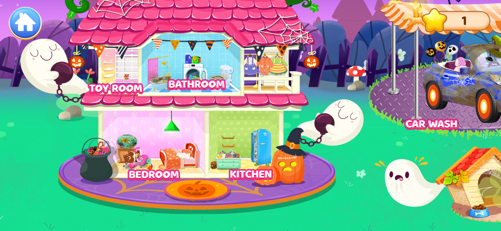 Wolfoo House Cleanup Life - Una pantalla de selección de casa temática de Halloween en Wolfoo House Cleanup que muestra habitaciones como la cocina y el dormitorio.