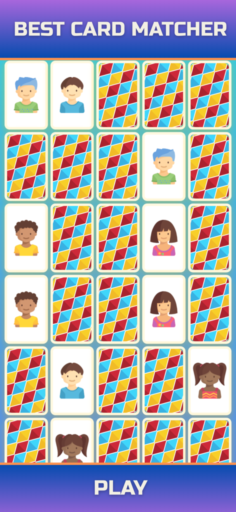 Memory Match Puzzle Trainer - Interfaz de juego de Memory Match Puzzle Trainer que muestra una cuadrícula de tarjetas de personajes coloridas