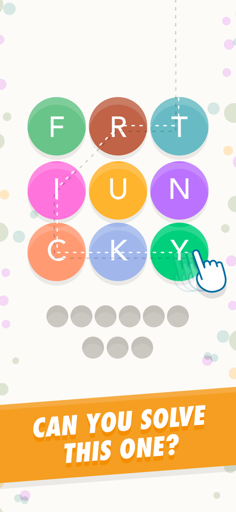 WordBubbles! - A hand swiping to connect colorful letter bubbles to solve a word puzzle