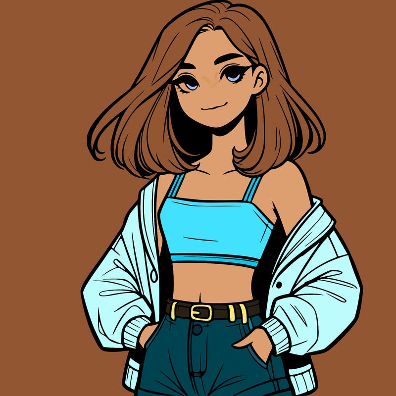 a realistic girl with a crop top and short shorts in an open jacket