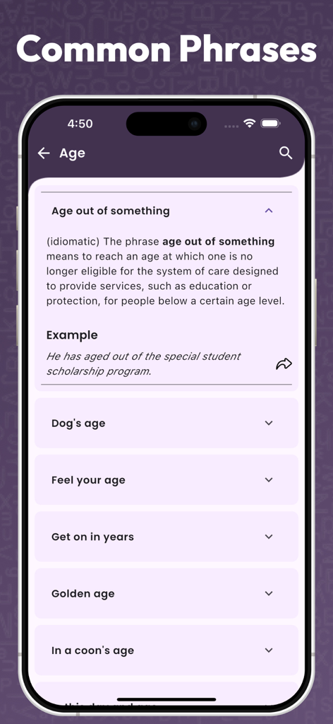 Idioms and Phrases - English - Pantalla de aplicación móvil que muestra una lista de modismos y frases en inglés con una definición detallada y un ejemplo para la expresión 'age out of something'.