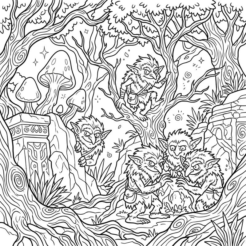 Enter a world of enchantment with this captivating full-scene coloring page featuring elusive shadow trolls. Discover hidden details within a mysterious forest landscape, ready for your creative touch.