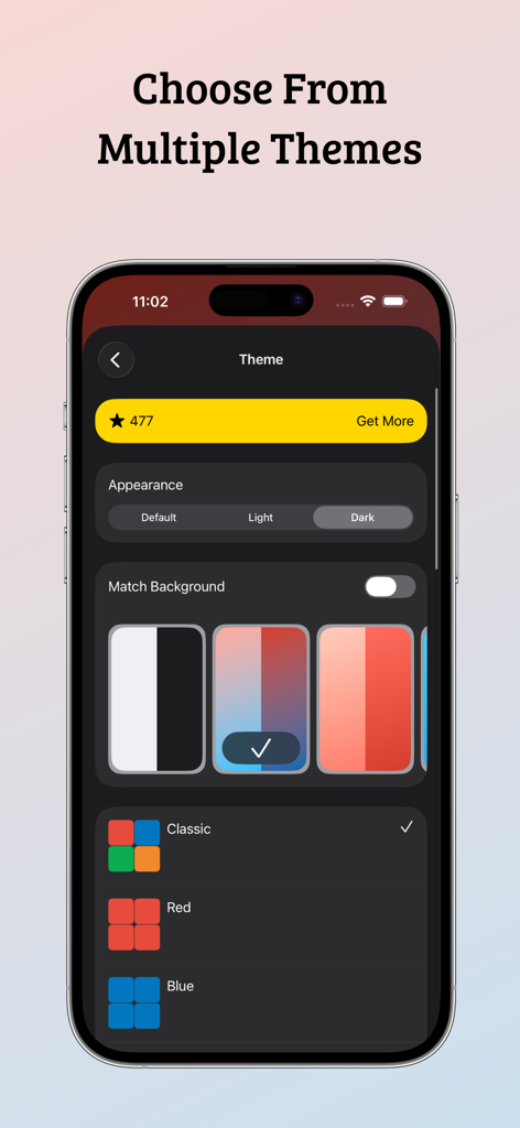 Falling Blocks puzzle game theme customization menu with dark and light appearance options