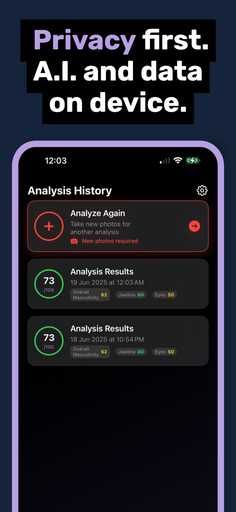 LooksMax AI Private Face Rater - Ein Screenshot einer mobilen App, der die Analysenhistorie des LooksMax AI Private Face Raters mit Schwerpunkt auf Privatsphäre und On-Device-Datenverarbeitung zeigt.