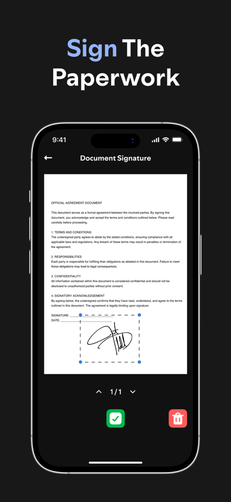 Sign AI - Signature Maker Pdf - Una interfaz de teléfono móvil mostrando una firma digital aplicándose a un acuerdo en un documento PDF