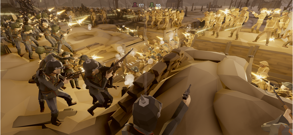 Warbox Sandbox - Soldados de la Primera Guerra Mundial de baja poligonización luchando en una simulación de batalla en trincheras en Warbox Sandbox.