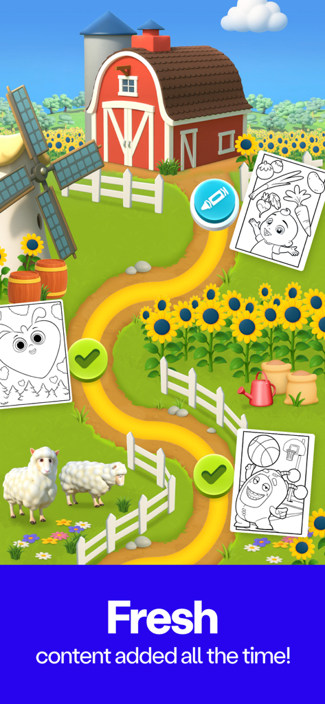 A colorful farm scene from the Blippi and Friends coloring app featuring character coloring pages along a winding path