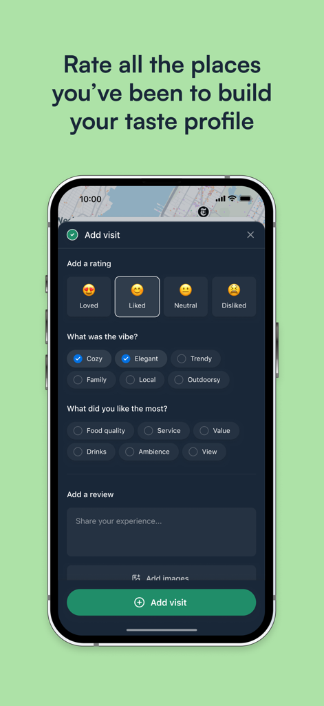Overlook Maps - Interfaccia dell'app mobile Overlook Maps che mostra un utente che valuta una visita e seleziona stili per creare un profilo di gusto