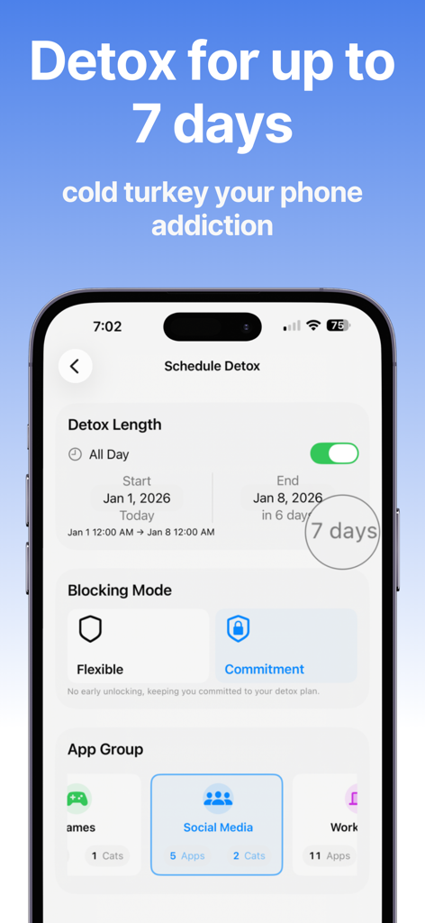 Screenshot der Digital Detox App-Oberfläche, die eine 7-Tage-Zeitplan-Detox-Konfiguration mit Blockierung von Social-Media-Apps zeigt.