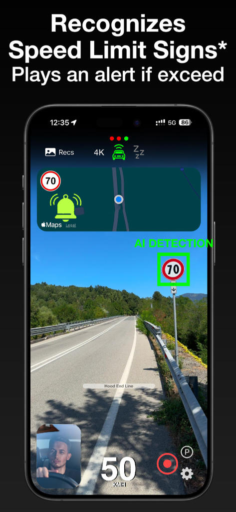 Dash Cam | Drive Guardian AI - Smartphone screen showing the Drive Guardian AI app detecting a speed limit sign and providing a visual alert during a drive.