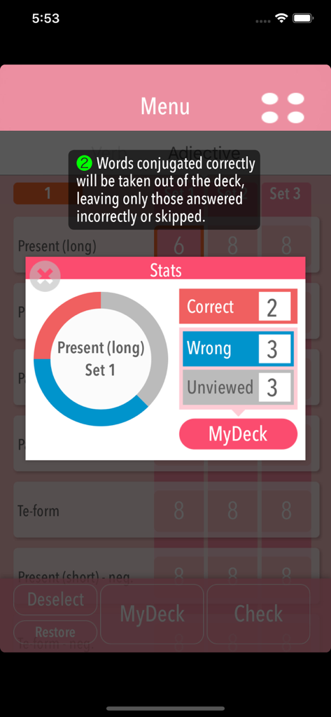 Popup di statistiche che mostra risposte corrette e sbagliate per la pratica di coniugazione di verbi giapponesi nell'app GENKI.
