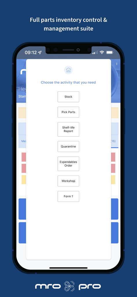 MRO-PRO - MRO-PRO app screen for aviation parts inventory control and management