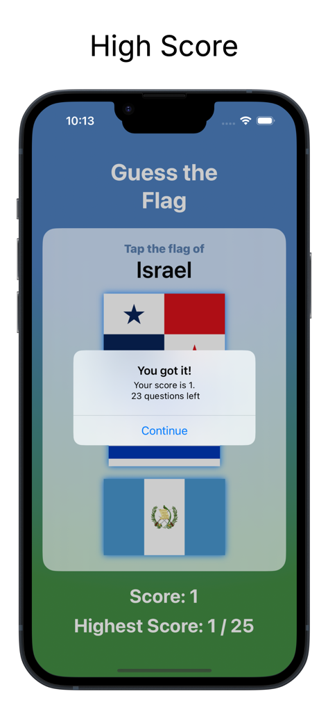 World Flags Trivia - World Flags Trivia app interface showing a correct answer notification during a flag identification quiz.