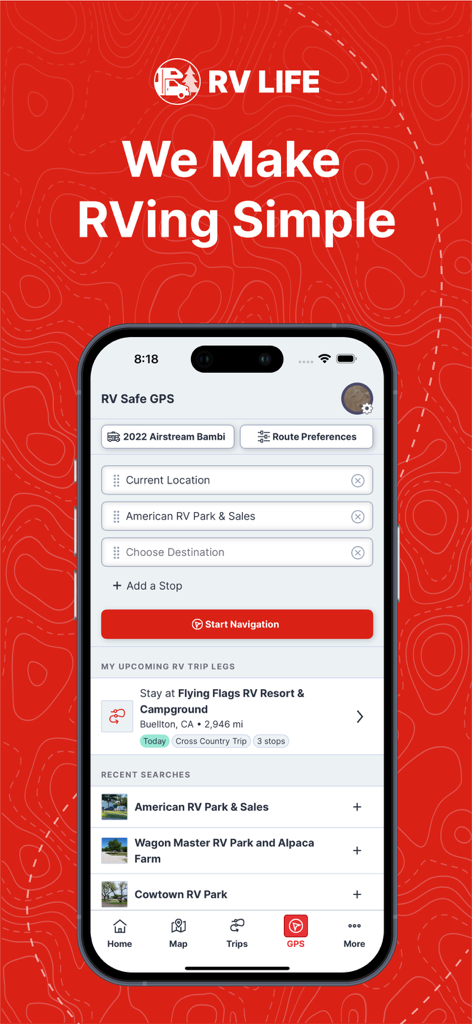 RV LIFE app RV Safe GPS screen showing navigation settings for an Airstream Bambi and upcoming trip details.