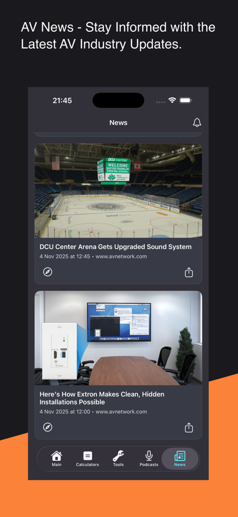 AV Buddy - AV Buddy 앱의 뉴스 섹션. 전문 오디오 비디오 산업 업데이트 및 기사를 보여줍니다.