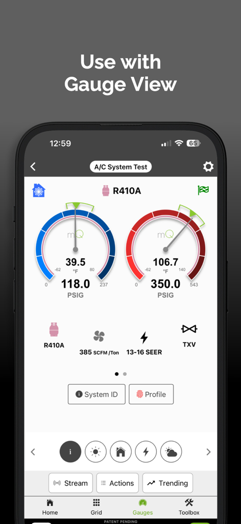 measureQuick HVAC - A/C System Test screen in measureQuick HVAC app showing digital pressure gauges for R410A refrigerant