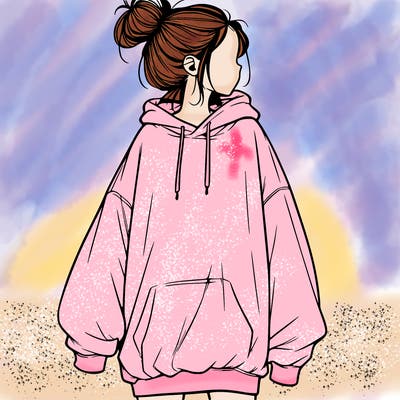 realistic girl with a oversized sweatshirt on and a bun
