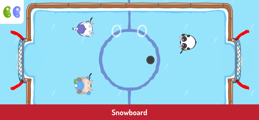 B&B Winter Sports Games - Visão de cima de personagens animais fofos jogando hóquei no gelo em uma quadra no aplicativo B e B Winter Sports Games.