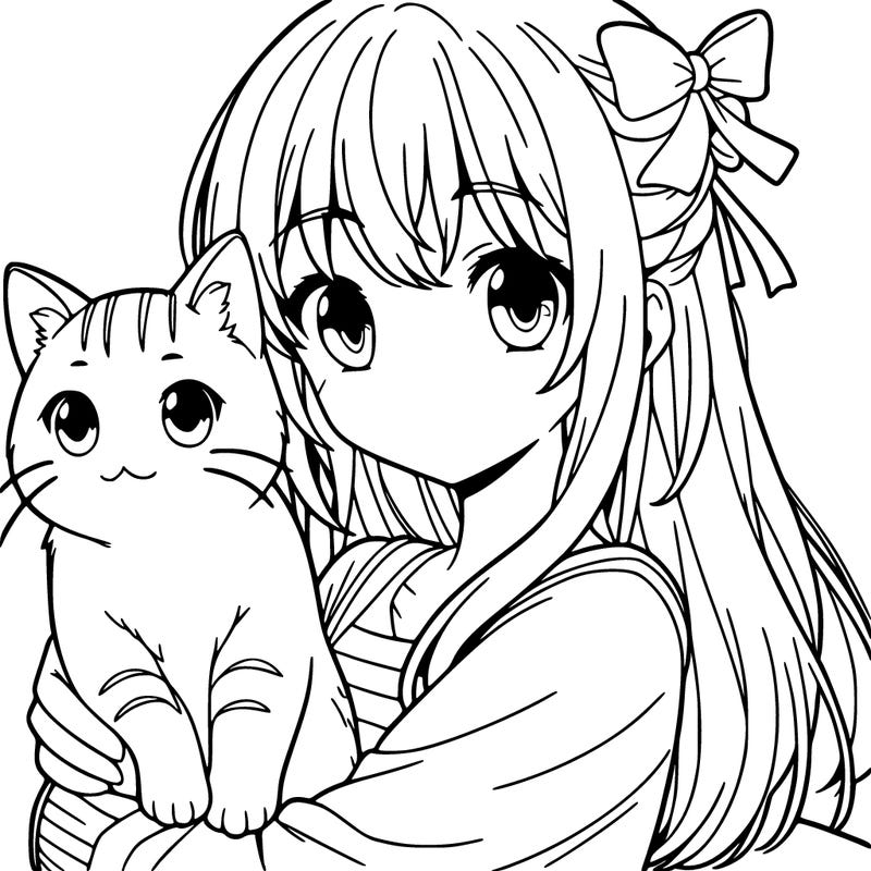 animae girl with cat