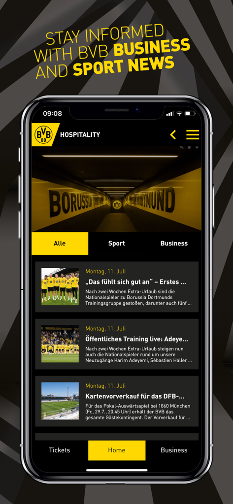 Ein Smartphone-Bildschirm, der den Newsfeed der BVB Hospitality App mit Sport- und Wirtschaftsnachrichten-Sektionen anzeigt.