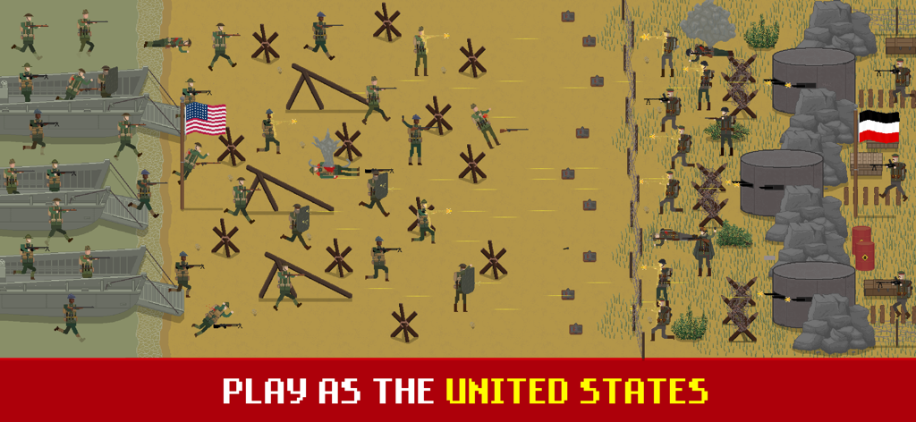 Trench Warfare WW1: Army War - Escena de batalla pixel art que muestra tropas de Estados Unidos atacando una línea defensiva en Guerra de Trincheras WW1