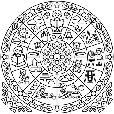 Introduce your little one to the joy of coloring with this delightful Preschool Mandala. Filled with playful scenes of children learning and playing, it's perfect for young artists aged 3-5.