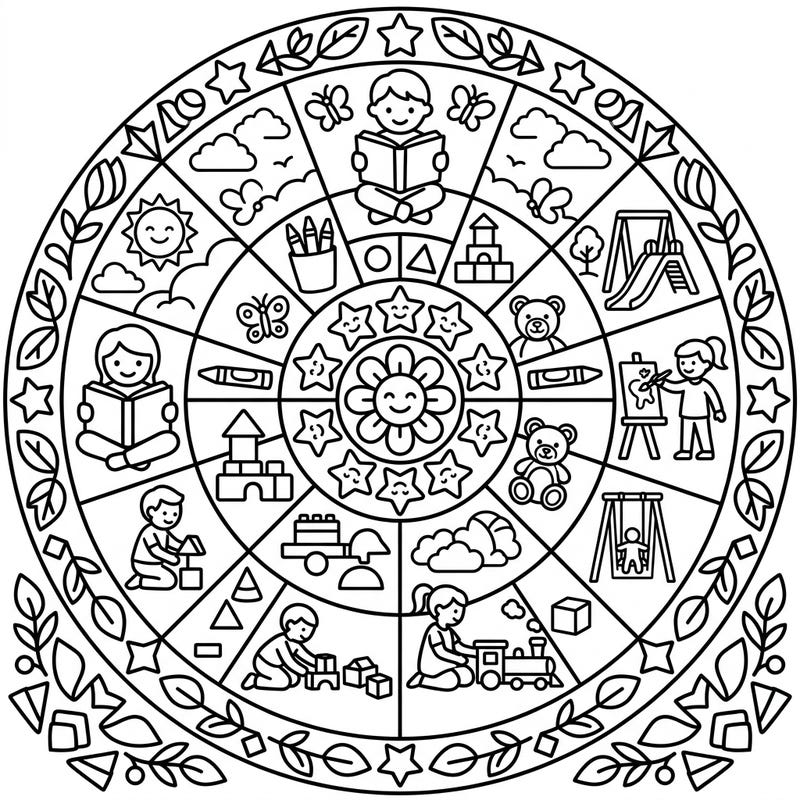 Introduce your little one to the joy of coloring with this delightful Preschool Mandala. Filled with playful scenes of children learning and playing, it's perfect for young artists aged 3-5.