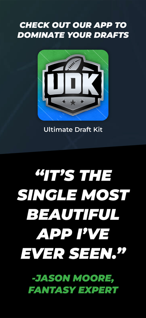 Fantasy Footballers Ultimate Draft Kit app with a testimonial from expert Jason Moore