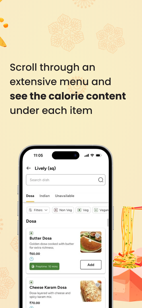 SmartQ - Food Ordering App - SmartQ mobile app interface showing a food menu with calorie counts and preparation times