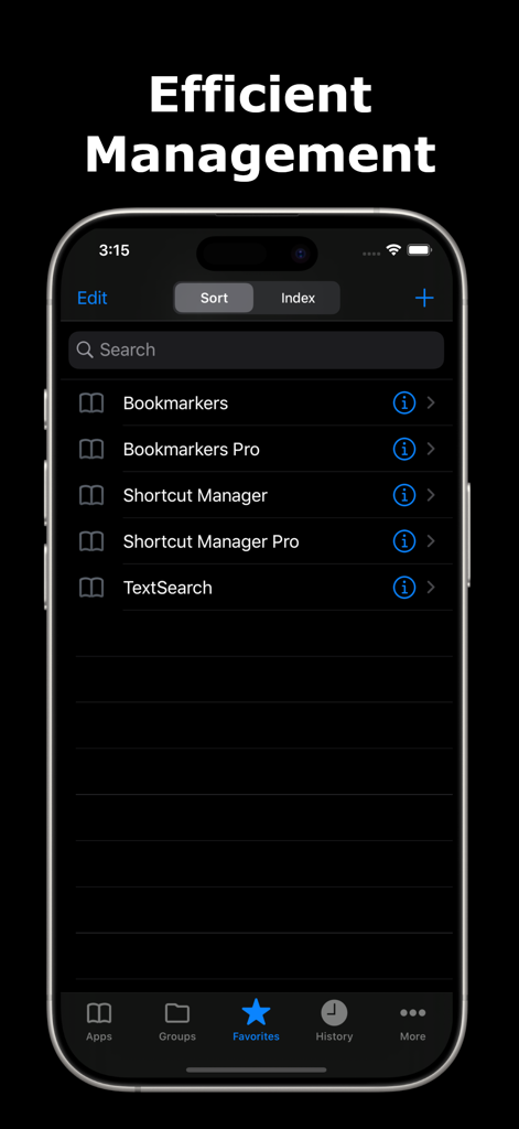 Screenshot of Shortcut Manager Pro showing the favorites list with shortcuts for Bookmarkers and TextSearch