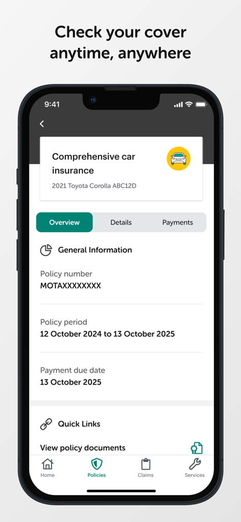 AMI - Una pantalla de teléfono móvil mostrando la app AMI con detalles completos de la póliza de seguro de coche y el período de cobertura