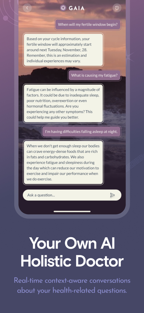 Screenshot of the 28 app's GAIA AI chat interface showing a conversation about cycle tracking and health symptoms.