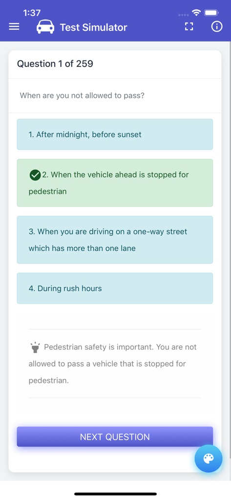 Indiana BMV Practice Exam - A practice question on the Indiana BMV test simulator about when it is illegal to pass another vehicle